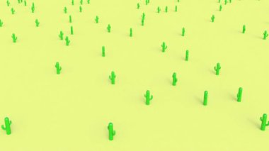 Sarı yüzey üzerinde yeşil plastik kaktüs 3D çizgi film stili 4k