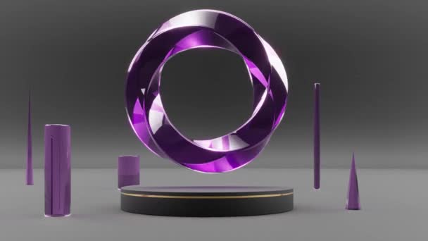 侧面灰背4K上有圆形环状细长物体的紫色和黑色讲台3D渲染 — 图库视频影像
