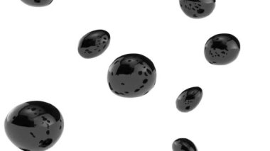 Metaller siyah damlalar ve küreler beyaz bir sırt üzerinde yüzer soyut sıvı şekiller 4k