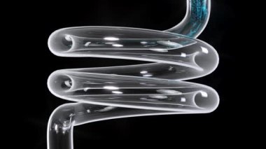 Cam eğri mavi sıvı akışı siyah bg 4k üzerinde