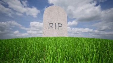 3D Tombstone Çimen bulutlu gökyüzü ile mezar taşını yırt Zaman tükeniyor 4K