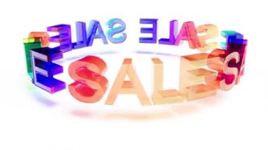 Renkli cam metin satışı beyaz bg 4k üzerinde sonsuz dönüş yapar