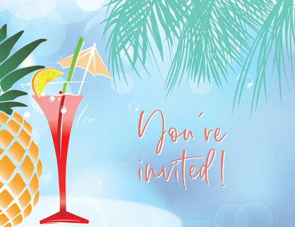 Tropikal meyve içeceğinin şemsiyeli, portakal dilimli, ananaslı ve palmiye yapraklı olduğu gündüz Luau sahnesi.