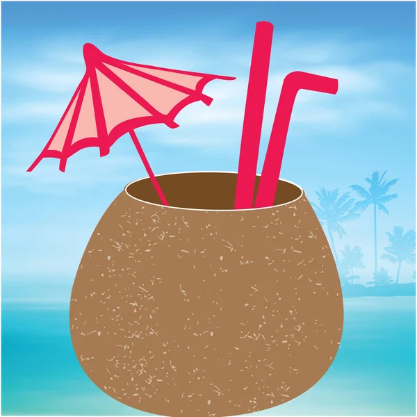 Hindistan cevizi kabında pembe şemsiyeli ve okyanus manzaralı tropikal içeceğin resmi.