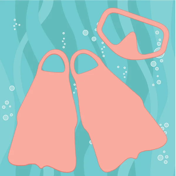 Solmuş kırmızı maske ve yüzgeçler baloncuklu deniz mavisi sualtı sahnesinde