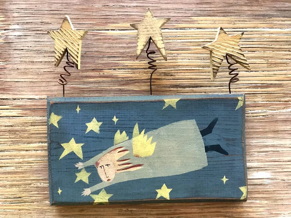 Yıldızlar arasında uçan meleğin fotoğrafı. 3 boyutlu sanat eseri.