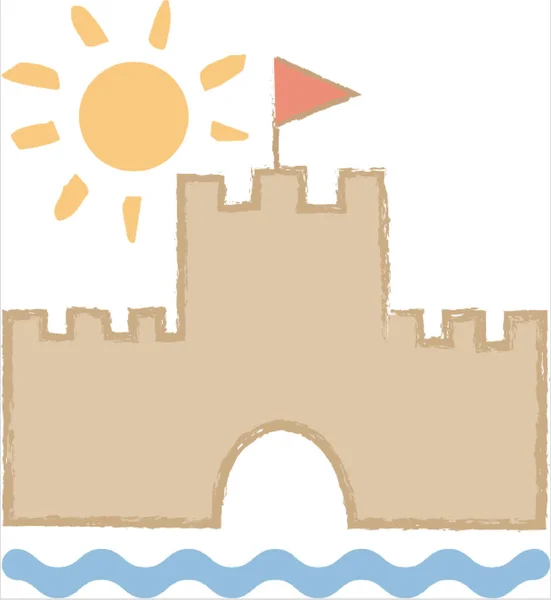 Güneş, deniz ve flamalı kumdan kalenin çocuksu çizimi