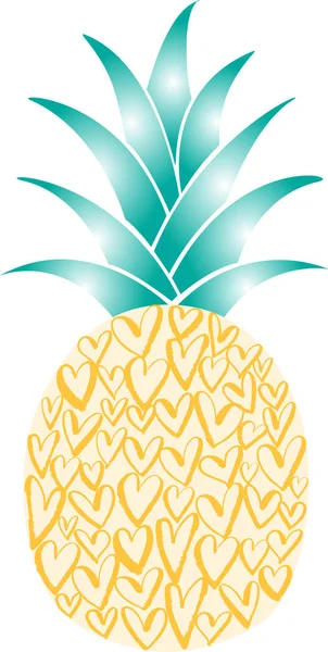 Elle çizilmiş altın kalpler ve parlayan yeşil taç ile çizilmiş ananas tasviri