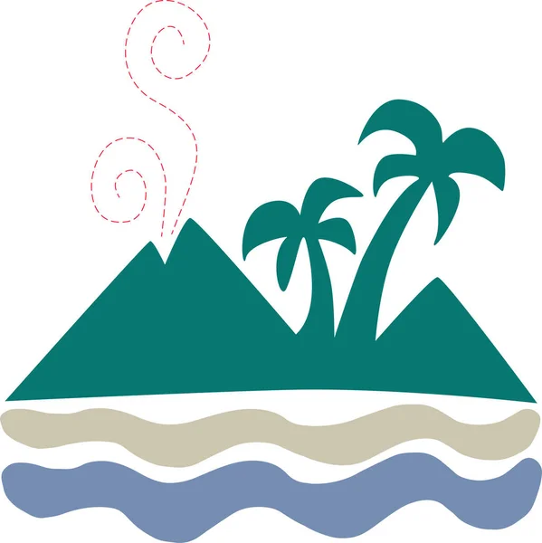 Palmiye ağaçları, dağlar, kum ve deniz ile volkanik adanın temiz ve basit bir çizimi