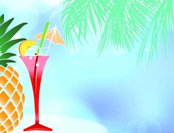 Tropical party scene with festive drink, pineapple, palm fronds, generous copy space