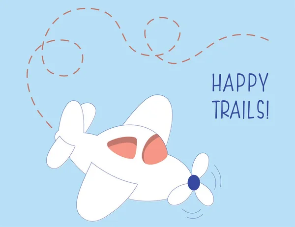 Mavi gökyüzünde buhar izi olan sevimli bir uçak ve düzenlenebilir metin.