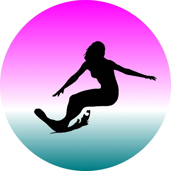 Değişken arka planda sörf yapan kadın silueti - Fuschia gökyüzü + aquamarine okyanus + kırılan dalgalar