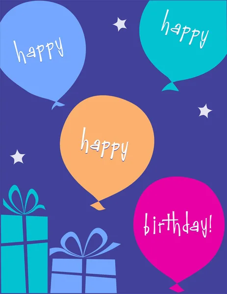 Gece gökyüzünde balonlar, hediyeler ve yıldızlar olan doğum günü partisi dekorasyonu veya kartı