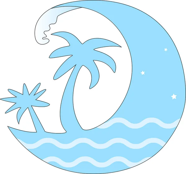 Kırık bir dalga ve hilal şeklinde çerçevelenmiş palmiyeler ve okyanus dalgalarıyla ikonik tropik ada sahnesinin tasviri