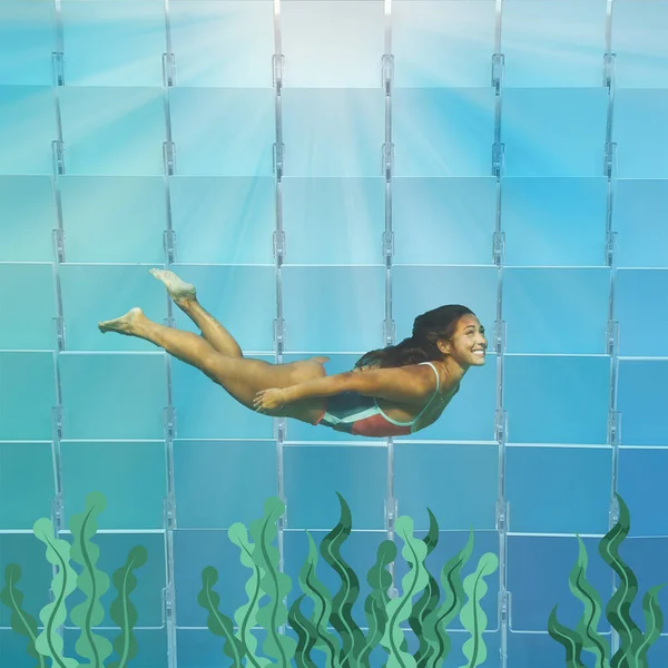 Mavi boya örnekleriyle dolu bir denizde yüzen ve altında tuhaf deniz yosunları olan bir kadının birleşik görüntüsü.