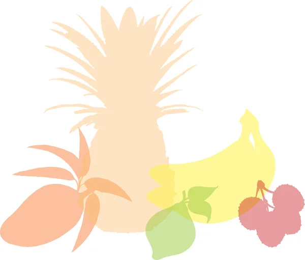 Kısmi şeffaflık içeren renkli tropikal meyve çeşitleri ananas, mango, muz, limon ve likör.