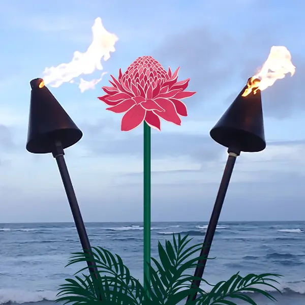 Sahilde yanan iki meşale arasındaki meşale kızıl çiçeğinin tasviri