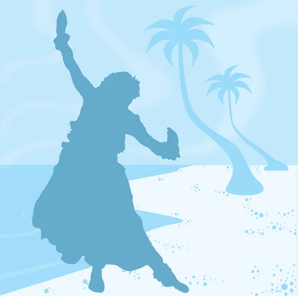 Sahildeki hula dansçısının silueti. Arka planda palmiyeler ve okyanus var.