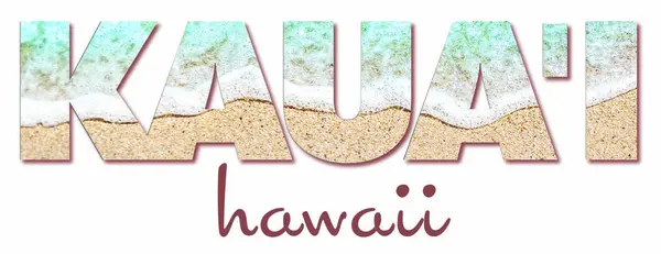 KAUAI metni kumlu kıyıya vuran bir deniz köpüğü dalgası görüntüsüyle dolu