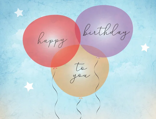 Yıldızlı bir arkaplanda yüzen kurdeleli renkli doğum günü balonları ve 