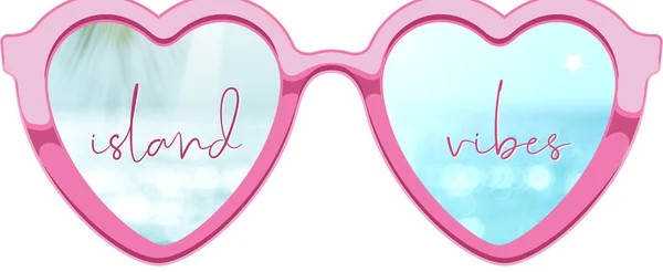 Pembe kalp şeklindeki güneş gözlüklerinin yansıması yumuşak odaklı okyanus manzarası palmiye yaprakları, bokeh ışık efektleri ve 