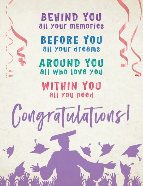 Şenlikli, klasik tarzda mezuniyet afişi ya da kartı. Arkasında, önünde, etrafında ve içinde ne olduğuna dair bir mesaj var.