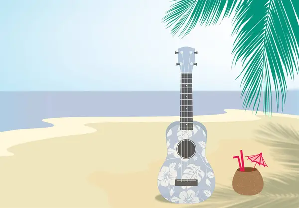 Hawaii aloha desenli ukulele sahilde hindistan cevizi kabı tropikal içecek, palmiye yaprakları ve dalgalarla