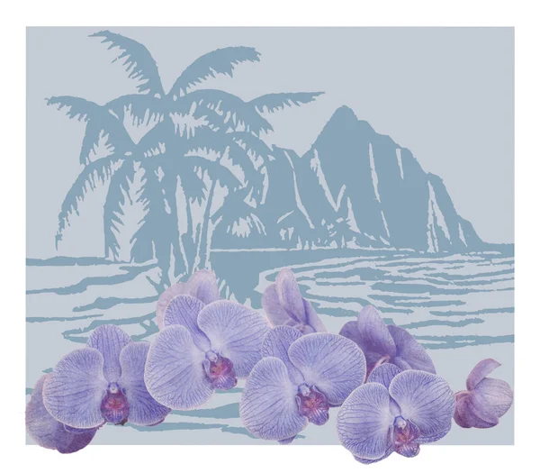 Turkuaz volkanik dağların, okyanusun ve ön planda lavanta orkidelerinden oluşan hurma ağaçlarının ilkel blok baskısı.