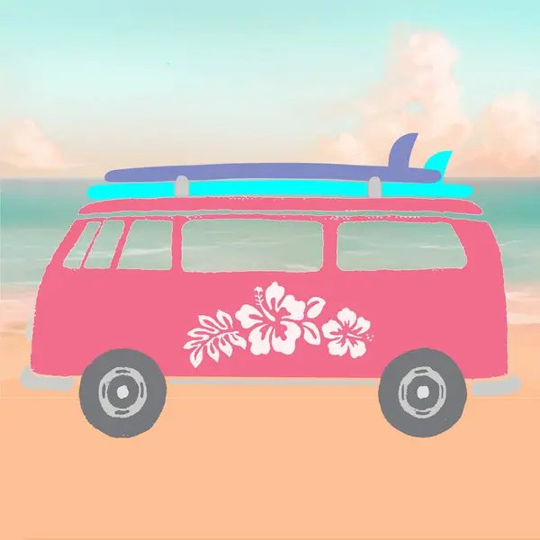 Iconic vintage Volkswagen (VW) van with retro Hawaiian hibiscus design, colorful surfboards on roof, ocean and sky background, sandy beach foreground