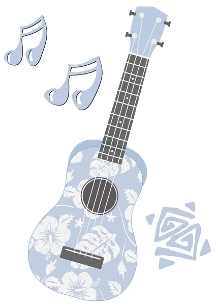 Mavi ve beyaz aloha desenli Hawaii tarzı ukulele. Ayrıca canlı müzik notaları ve kabile figüranları.