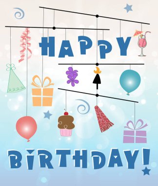 Festive birthday party poster depicting a hanging mobile with balloons, streamers, gifts, party hat,  party horn, tropical drink, tropical flowers, cupcake, tiki torch, swirls, stars, and HAPPY BIRTHDAY! clipart