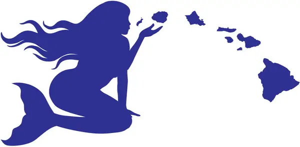 Bir denizkızının silueti Hawaii adaları zincirini okyanus boyunca kabarcıklar gibi üflüyor.