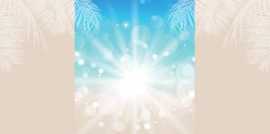 3-panel ocean background design. Center panel features dramatic sun flare and bokeh light effects over blue ocean/sky and sandy beach. Twin side panels include palm fronds, sandy beach, and generous copy space.  clipart