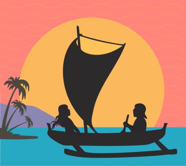 Clean, colorful illustration of a couple in an outrigger canoe silhouetted in the sunset clipart