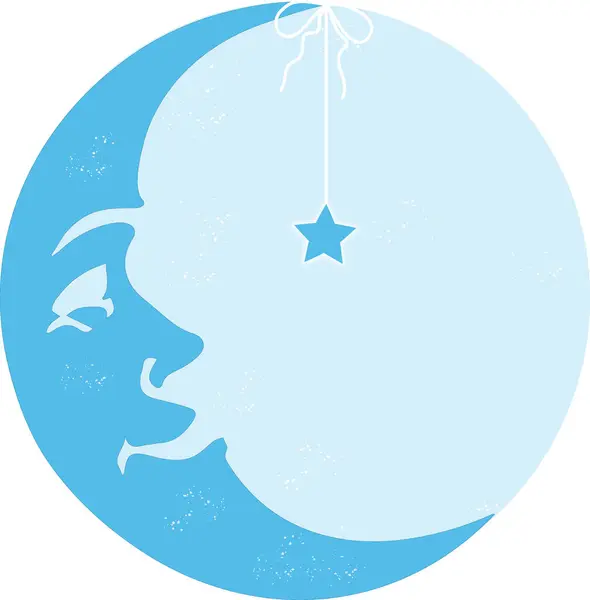 Hilal şeklinde bir ayın yuvarlak mavi görüntüsü (Ay 'daki adam) Ucundan sarkan bir yıldıza bakıyor
