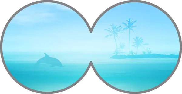 Dürbün şeklinde çerçevelenmiş tropikal okyanus manzarası. Zıplayan yunus, palmiye ağaçları ve sakin bir koy da dahil.
