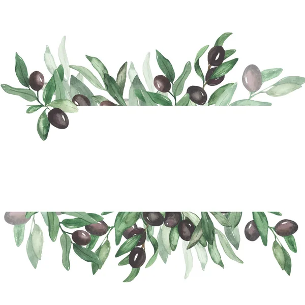 Olives, fruits and leaves for wedding, cards, invitations Watercolor banner
