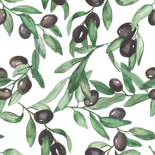 Olive branches, olives, leaves, fruit tree for prints, textures, wedding  Watercolor seamless pattern