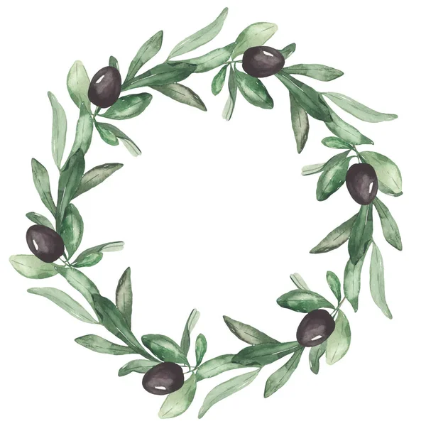 Olives, olive branches, leaves, greenery, for invitations, wedding, greeting cards Watercolor wreath