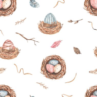 Easter eggs, nests, willow, feathers, easter print Watercolor seamless pattern