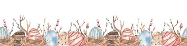 Easter print on white background Watercolor seamless border with easter eggs, nests, willows