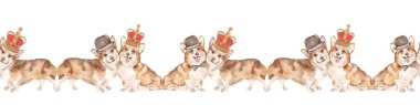 Cute welsh corgi in royal crown and gentleman hat, symbols of England, texture Watercolor seamless border