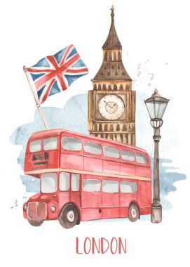 Sights of England, London, flag, big ben clock, bus, for invitations, postcards, business cards Watercolor map