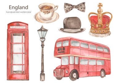 Symbols of England, queen's crown, telephone booth, double-decker bus, hat, cup of tea in the traditions of the United Kingdom Watercolor set