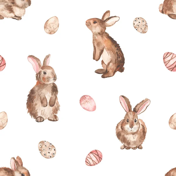 Easter texture Watercolor seamless pattern with cute easter bunnies, easter eggs