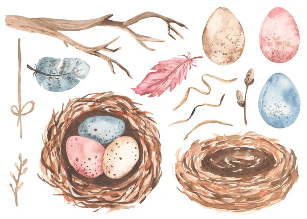 Happy Easter Greeting Design Postcard Watercolor Easter Spring Set Nests — Stok fotoğraf