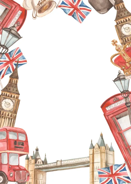 England landmarks, big ben, double decker bus, United Kingdom flag, crown, cup of tea Watercolor frame