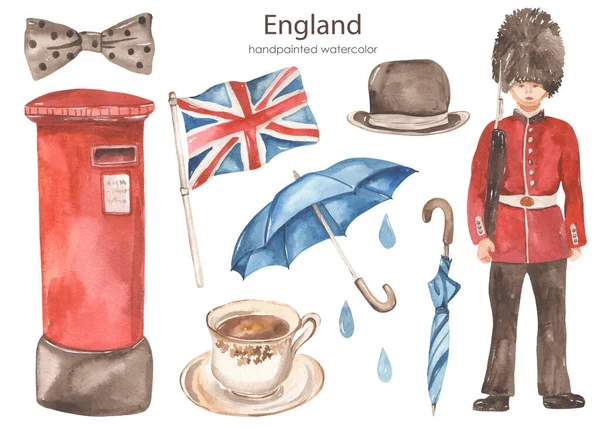 Symbols of England, british guardsman, mailbox, cup of tea, flag of england, umbrella Watercolor set