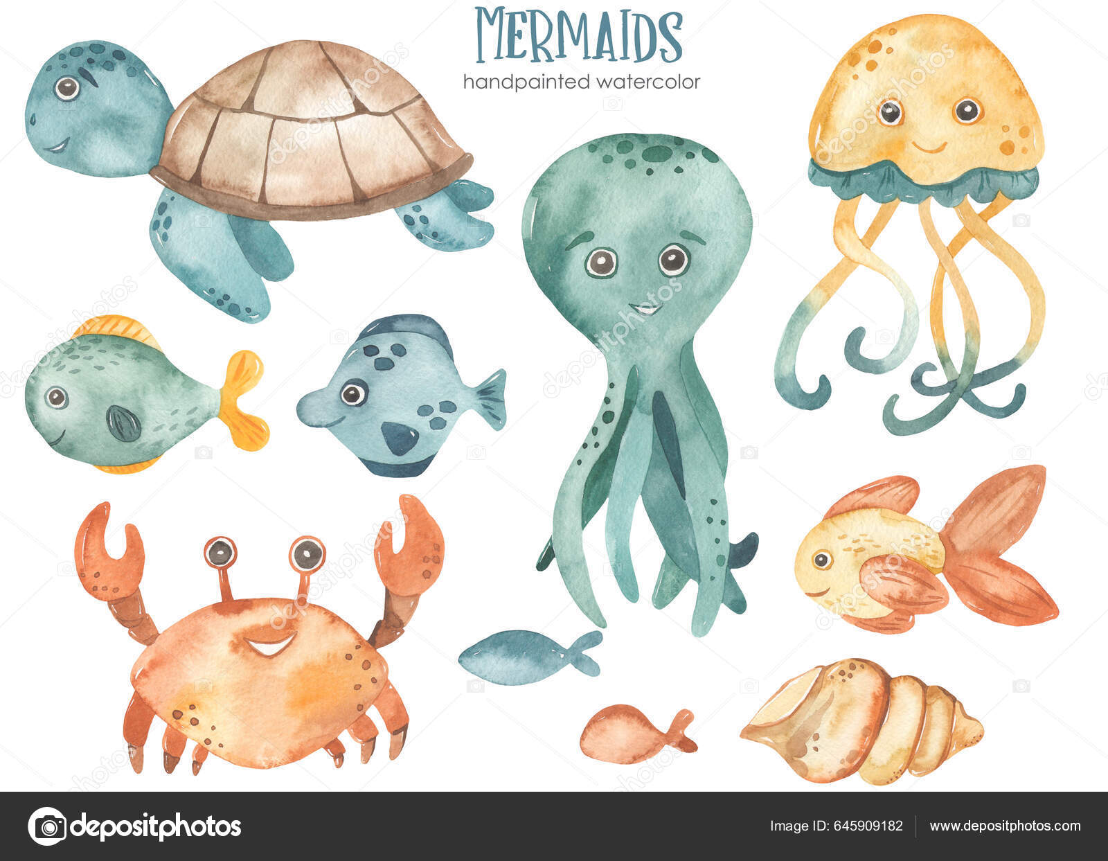 Clipart Aquarela Com Criaturas Subaquáticas Animais Marinhos Tartaruga  Marinha Polvo Ilustração de ©MarinaErmakova #645909182, image size:1600x1243