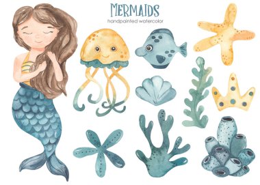 Mermaid girl underwater, with algae, fish, coral, crown, shells Watercolor clipart clipart